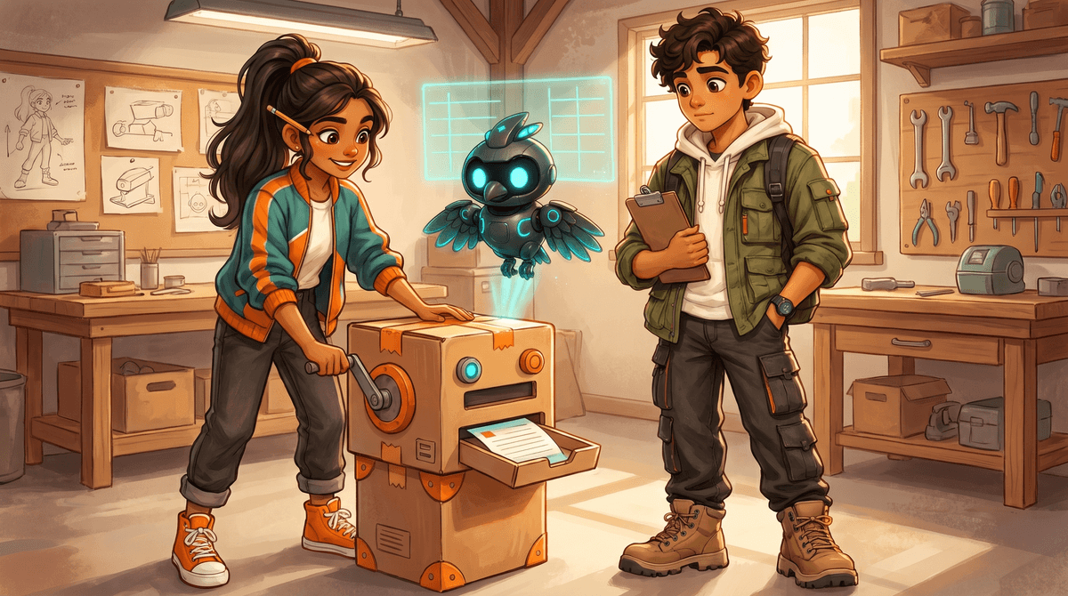 Comet turns the crank on a cardboard function machine while Wren feeds in a card and Nova hovers.