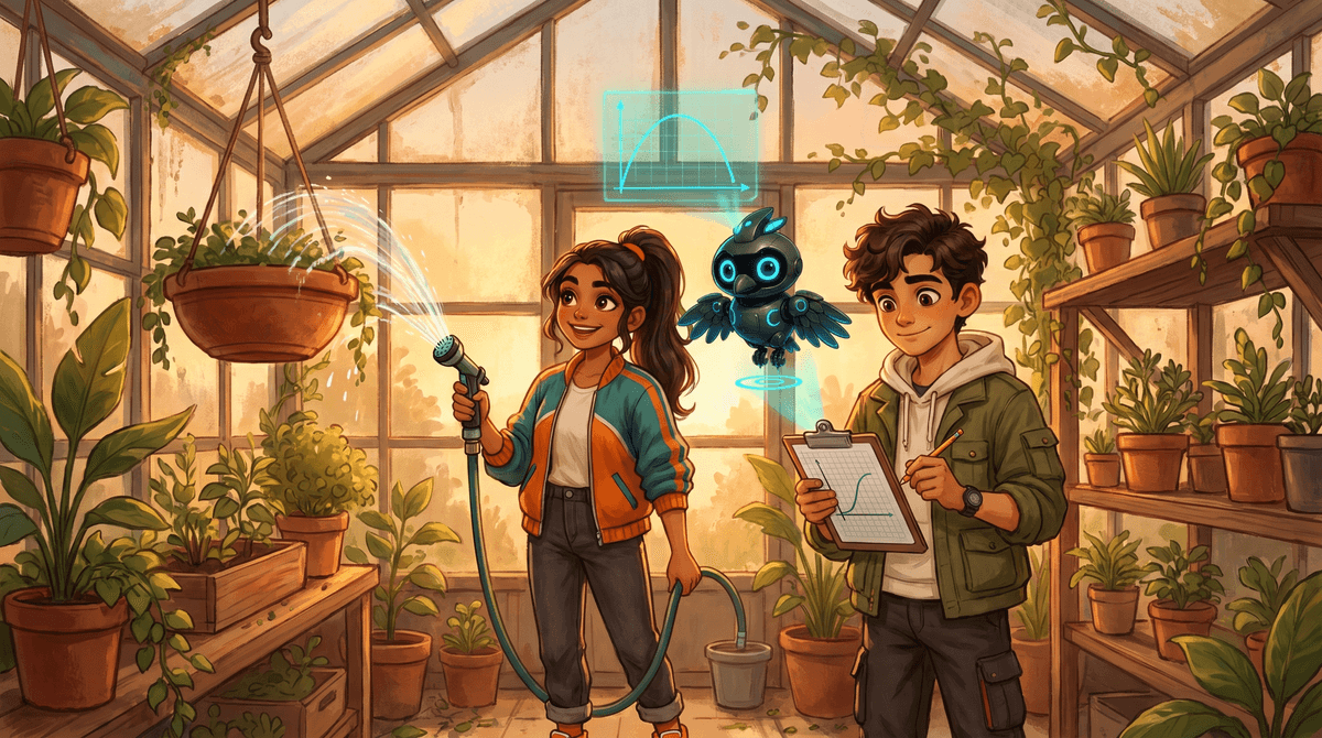 Comet aims a sprinkler whose arc falls short of a hanging planter at dawn; Wren sketches and Nova projects an arc.