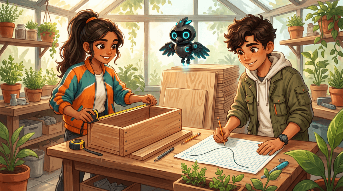 Comet measures a half-built cardboard planter box while Wren draws a wavy curve on graph paper and Nova hovers.