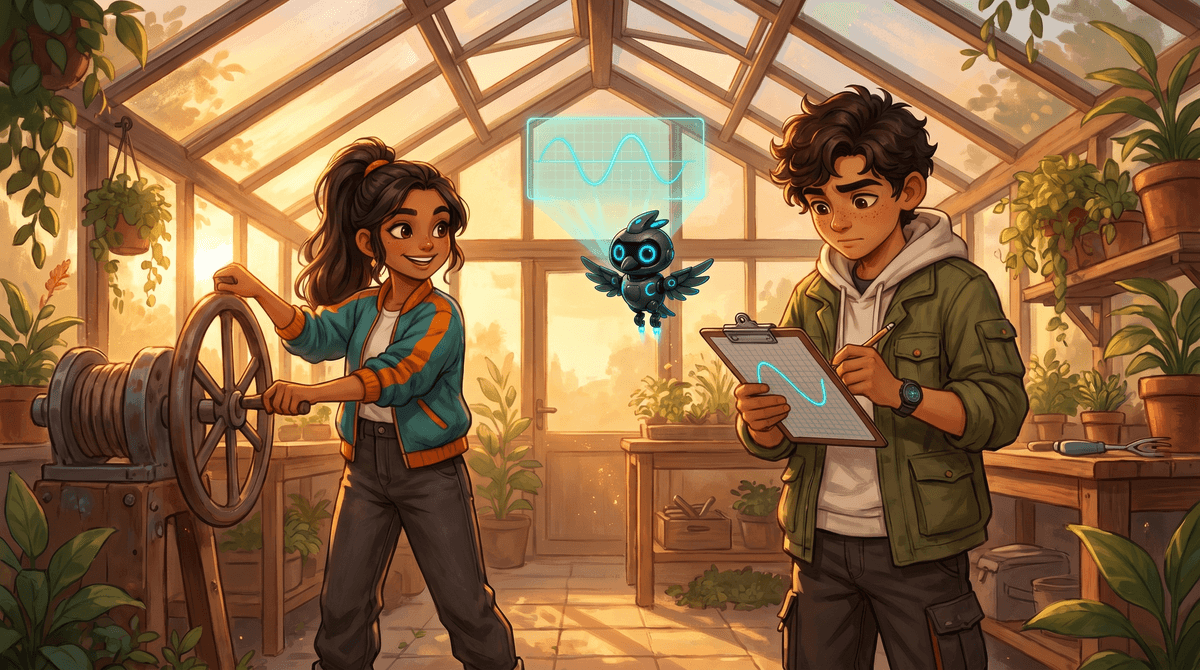 Sunset through the Glass House roof as Comet cranks the vents open and Wren plots a wave while Nova hovers.