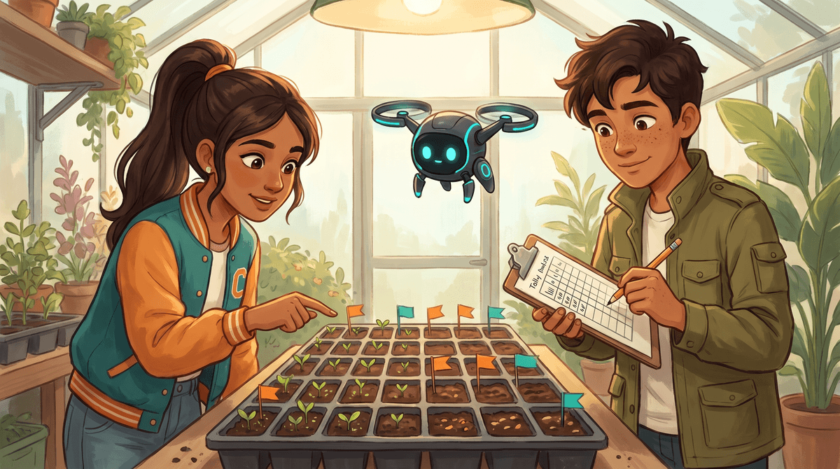 Seed trays with sprouted and bare cells and marker flags on the bench while Wren fills a tally grid and Nova hovers.