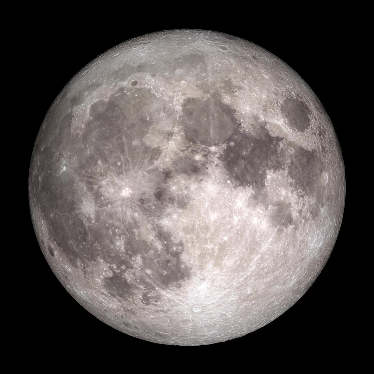 A bright full Moon with gray patches and craters.