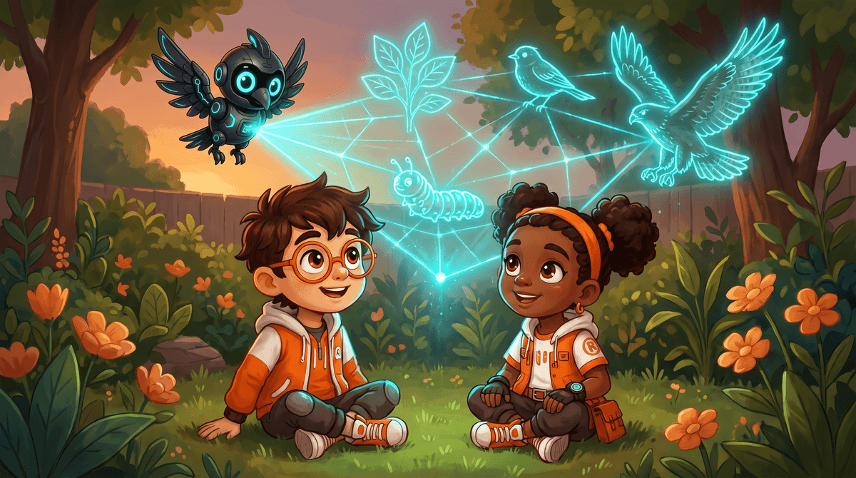 Nova projects a glowing food web: plant, caterpillar, bird and hawk.