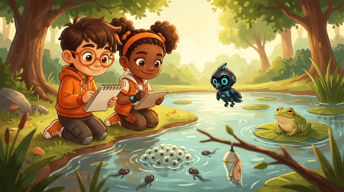 Frog eggs, tadpoles and a chrysalis by the pond, with Rocket and Raven sketching.