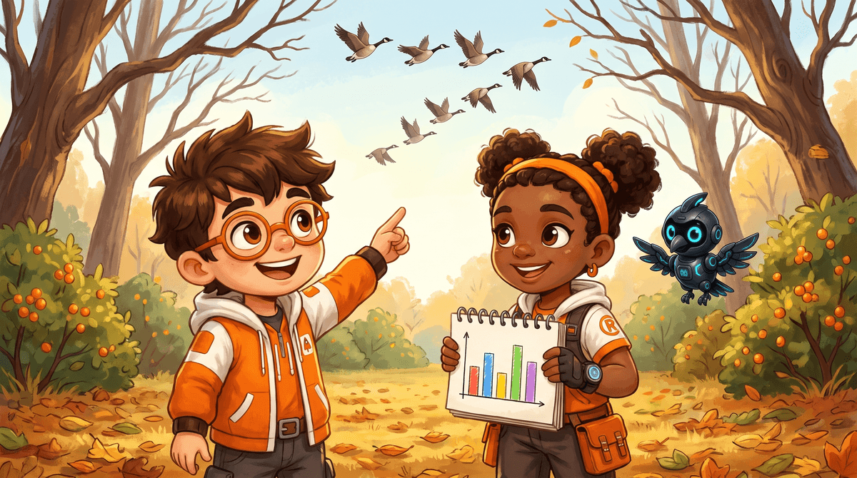Rocket points at migrating geese while Raven holds a bar graph in her notebook.