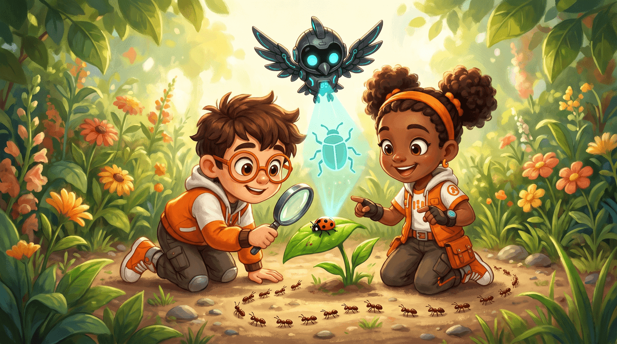 Rocket and Raven watch a ladybug and marching ants.