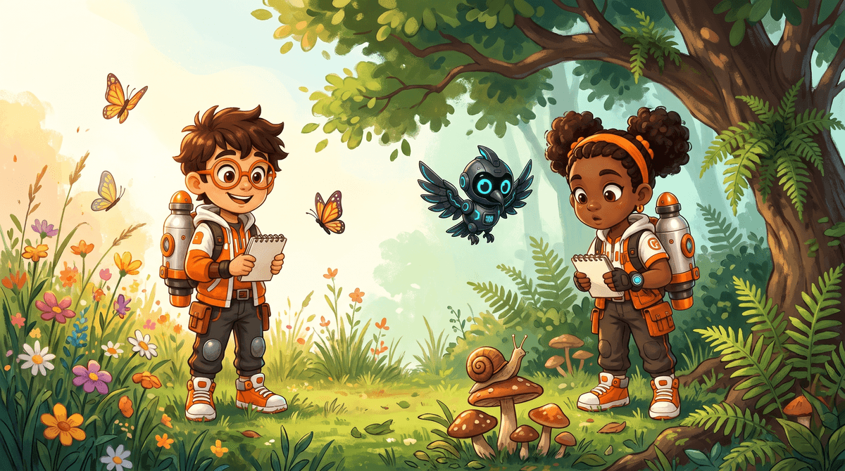 Rocket and Raven count butterflies in a wild corner.