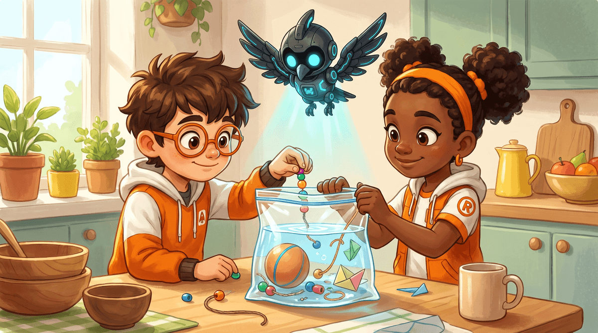 Rocket, Raven and Nova at the Windowsill. Rocket holds a sealed clear plastic bag of water with a bead inside it. Raven looks on with a cup of beads and a piece of string. Nova the companion drone hovers above with her light shining through the bag.