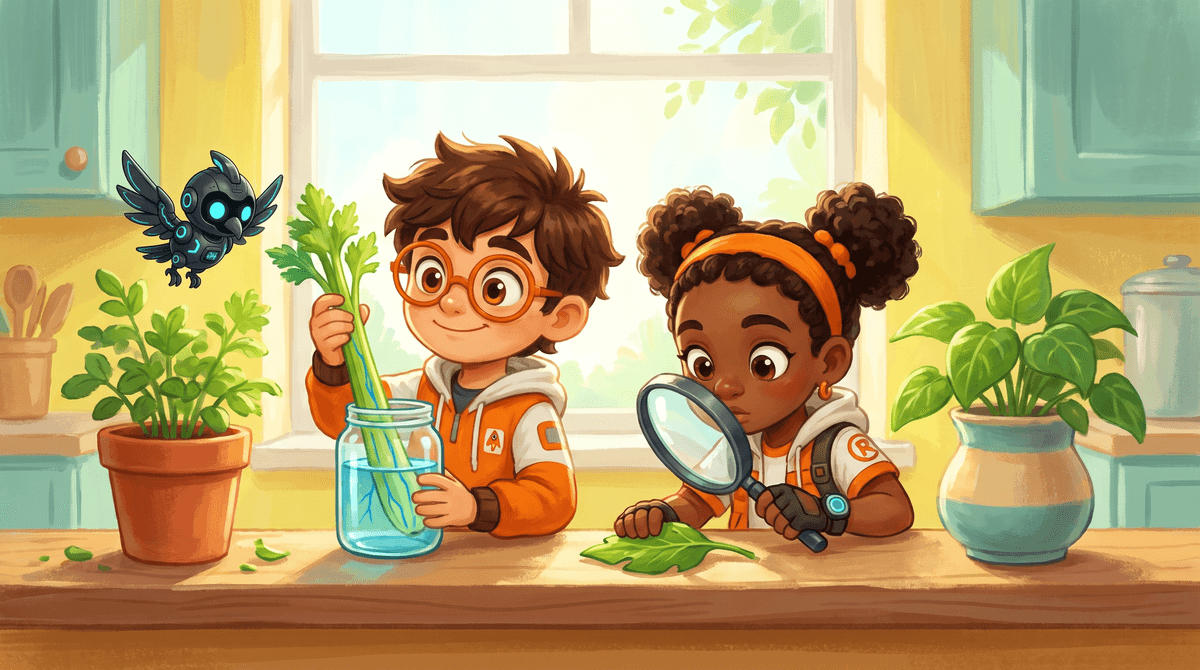 Rocket, Raven and Nova at the Windowsill. Rocket stands a celery stalk upright on the sill beside the seed jar, where a seedling shows its first green leaf. Raven bends the stalk gently. Nova the companion drone hovers above with her light on.