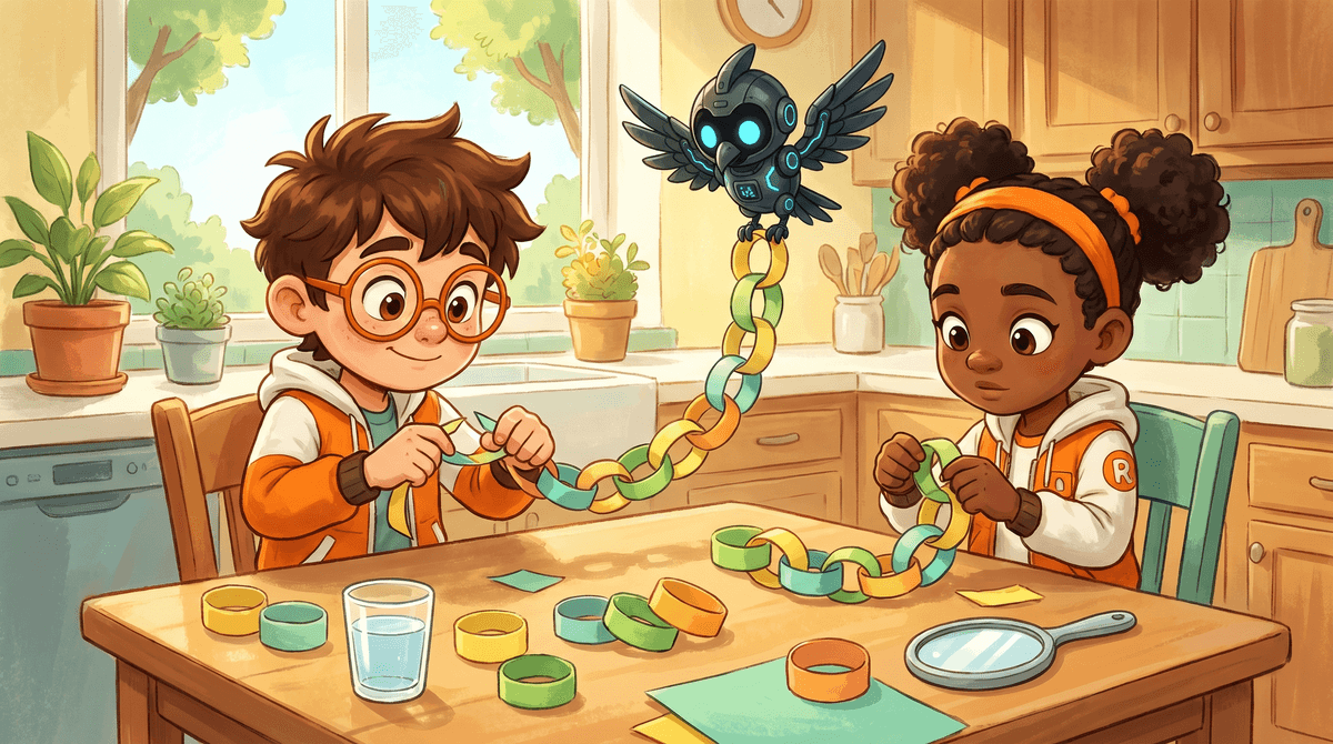 Rocket, Raven and Nova at the kitchen table with a long colorful paper chain. Rocket pulls two links apart while Raven relinks loose links into a shorter chain. Loose paper rings lie around them beside a glass of water and a small hand mirror. Nova hovers above the chain.
