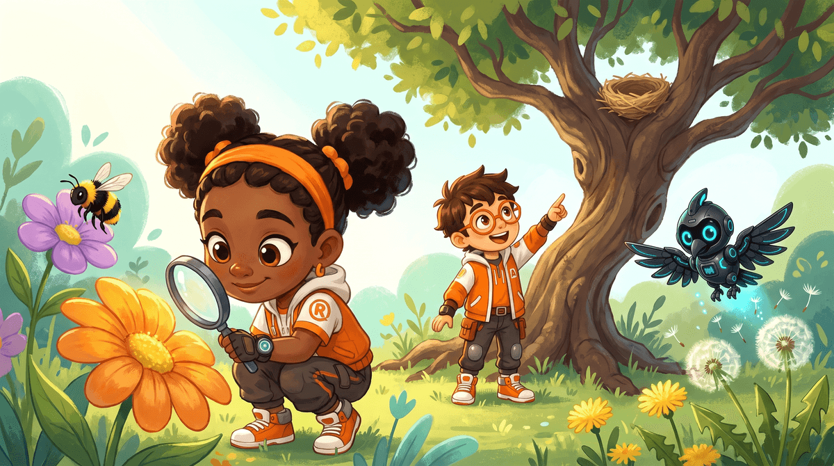 A sunny garden. Raven crouches beside a bright flower, looking at its petals through a hand lens. A bee hovers over another blossom a safe distance away. Dandelion seeds drift through the air, and a small bird nest sits in a tree branch above. Rocket points up at the nest. Nova hovers near the dandelion.