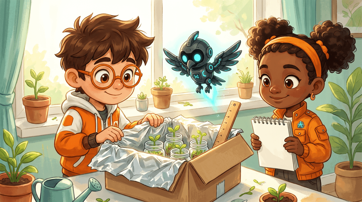 Rocket, Raven and Nova with a homemade windowsill growing station. A cardboard box, cut open on one side and lined with shiny foil as a reflector, holds small jars of green sprouts. A ruler is propped beside it. Rocket adjusts the foil, Raven holds up her notebook proudly, and Nova hovers above with a cyan glow in bright window light.