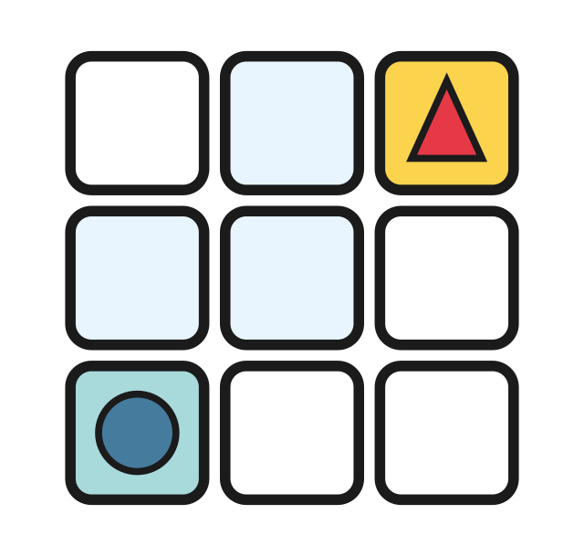 A three by three grid with a tinted stair path from start to flag