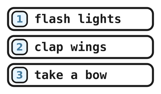 The three-line morning show: flash lights, clap wings, take a bow