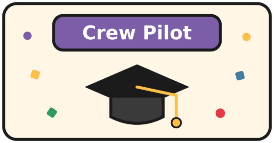 A graduation cap under a Crew Pilot banner with confetti