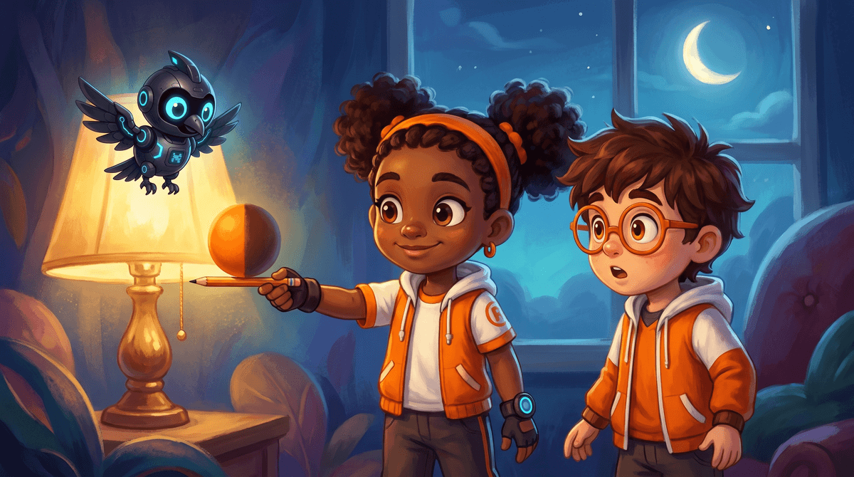 Rocket, Raven and Nova at the Sky Deck window in daylight. Rocket points up at a half Moon in a pale blue sky while Raven squints beside him with the Sky Log. Nova the companion drone hovers between them with her light off. A ball and a small orange sit on the sill.