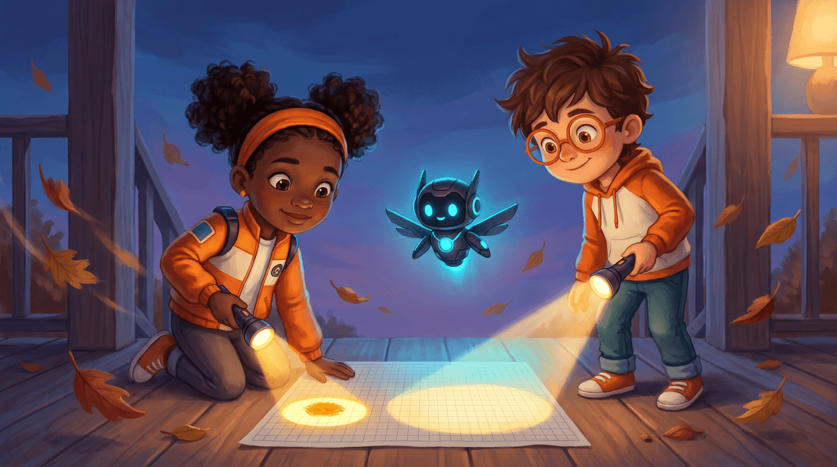 Rocket, Raven and Nova at the Sky Deck on a porch step in cool weather. Rocket wears a coat and points at a long shadow across the yard. Raven holds the Sky Log open beside a flashlight and a sheet of grid paper. Nova the companion drone hovers beside the railing with a soft glow.