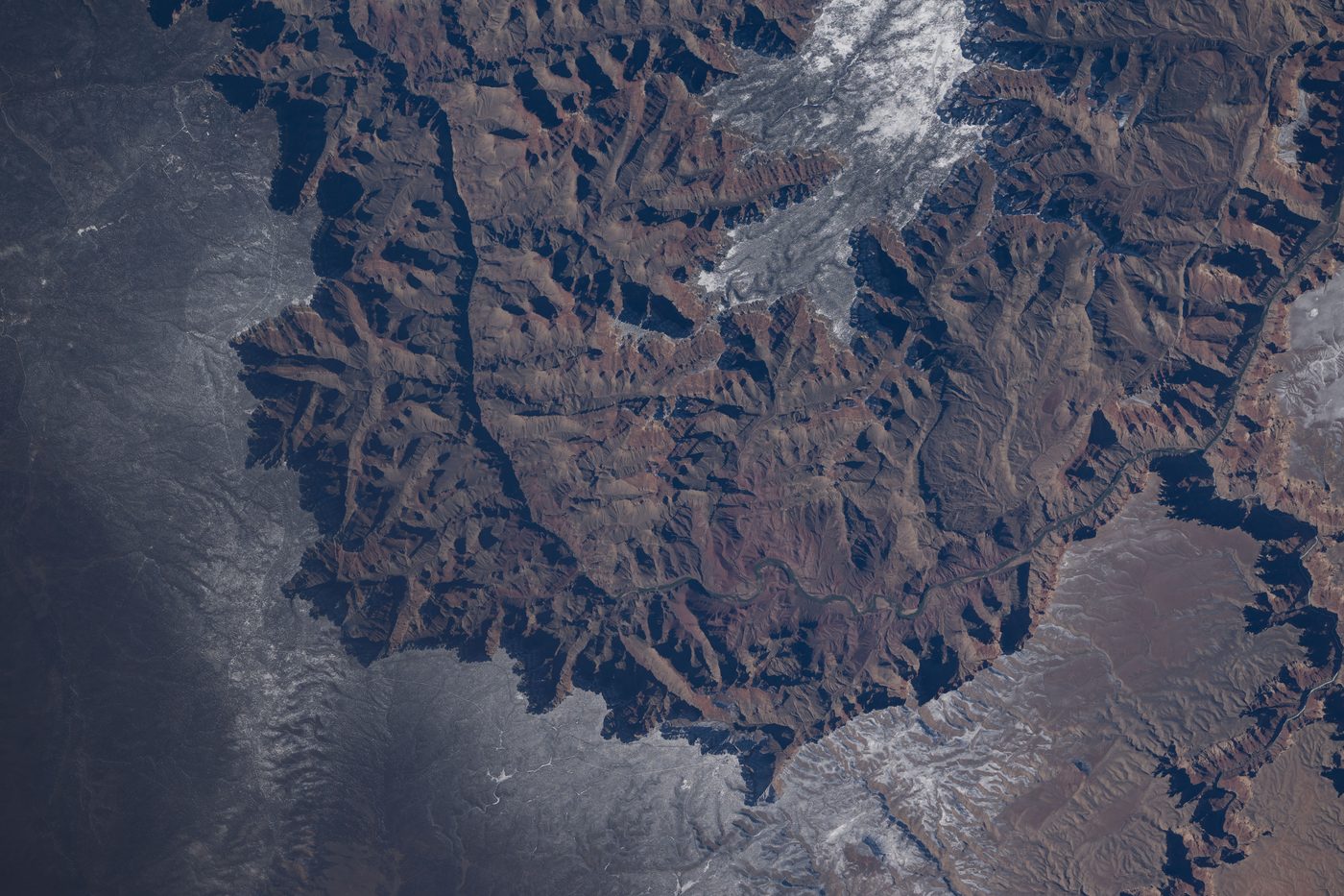 The Grand Canyon seen from straight above: a maze of red-brown ridges and side canyons cut into pale flat land.