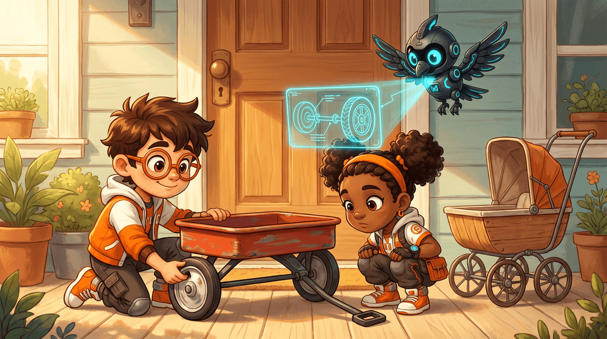 Rocket pushes a wagon while Raven points at a wheel. Nova hovers above with a glowing view of the axle.