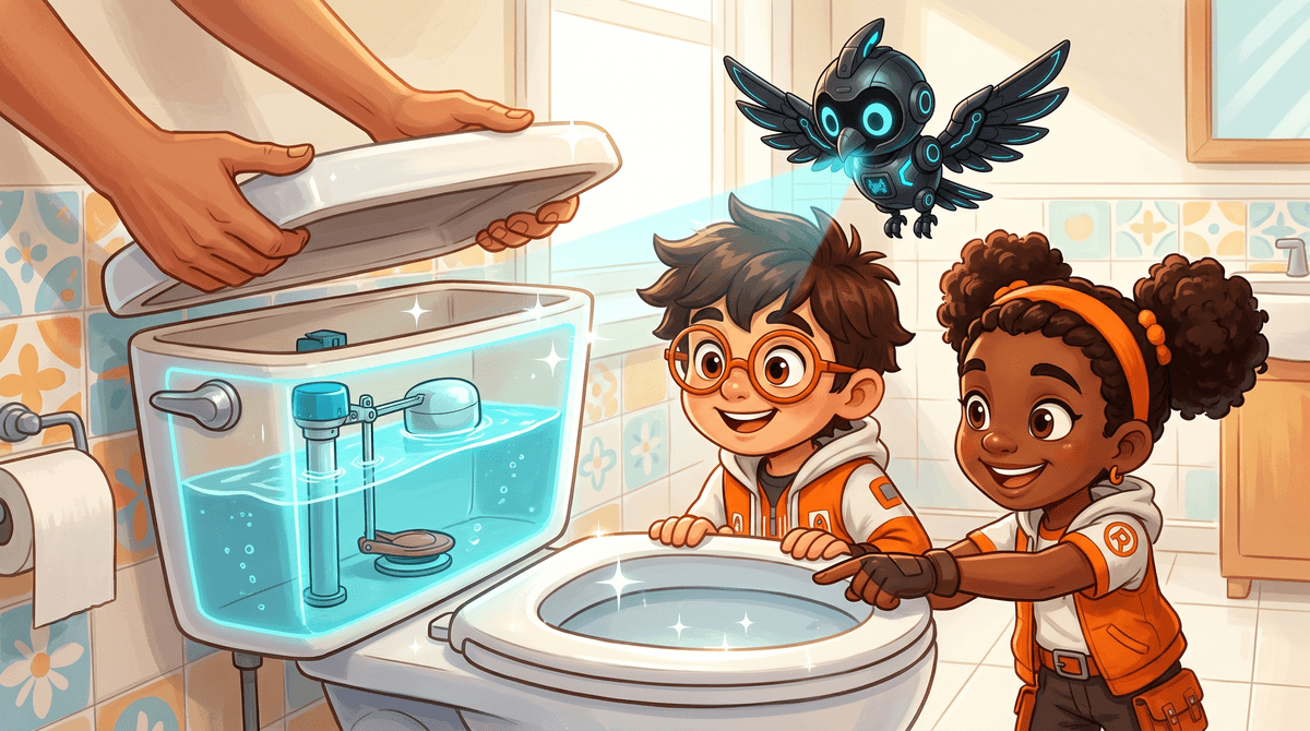 Rocket and Raven kneel beside a toilet. Nova glows a cutaway of the tank and the float.
