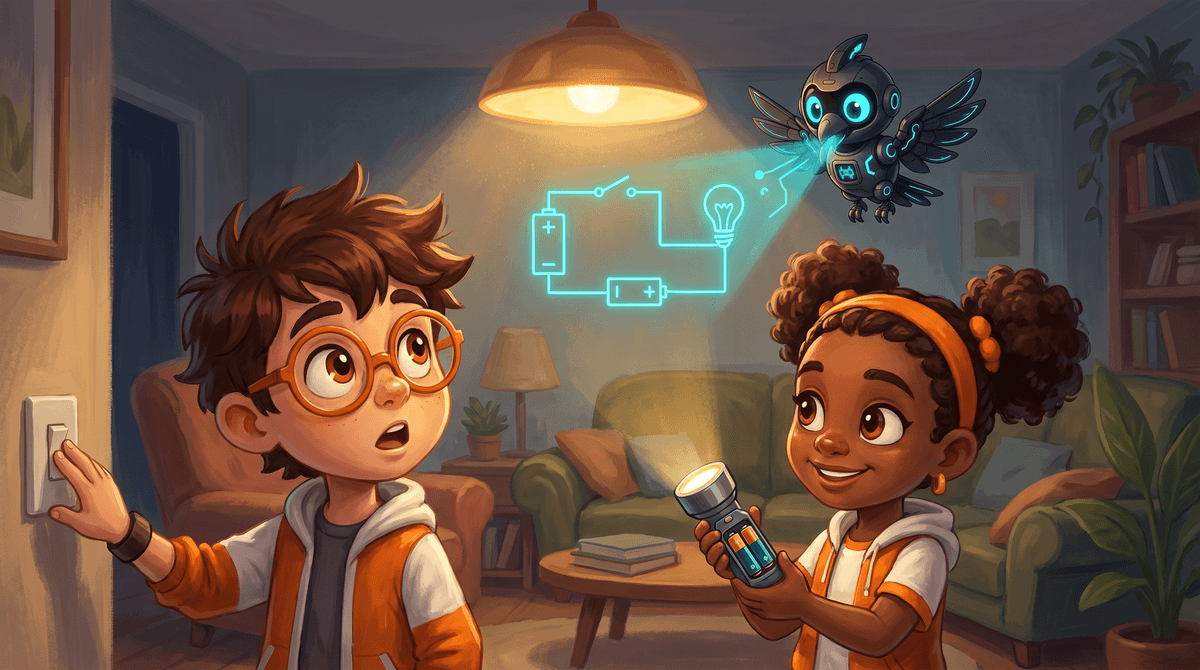 Rocket flips a lamp switch while Raven watches. Nova glows a loop of light to the bulb.