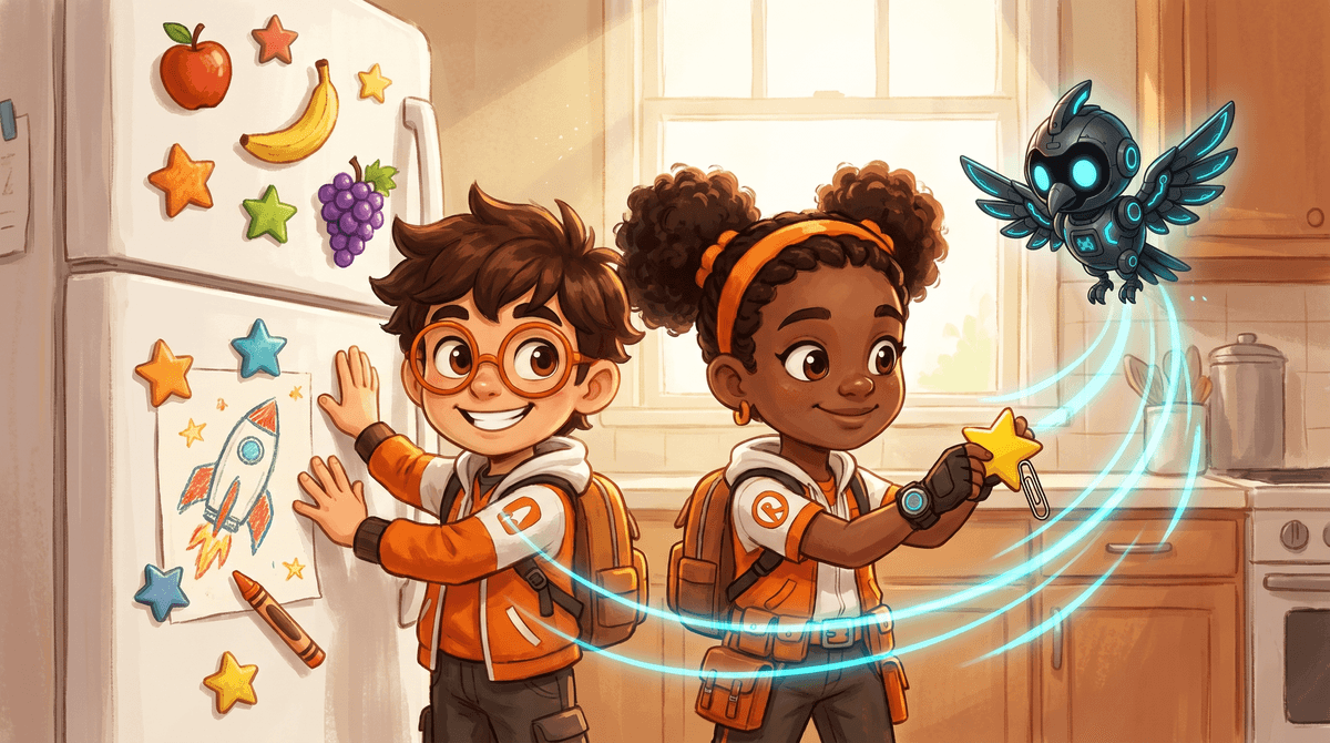 Rocket holds a drawing on a fridge door with a small magnet. Raven and Nova look at the door seal.