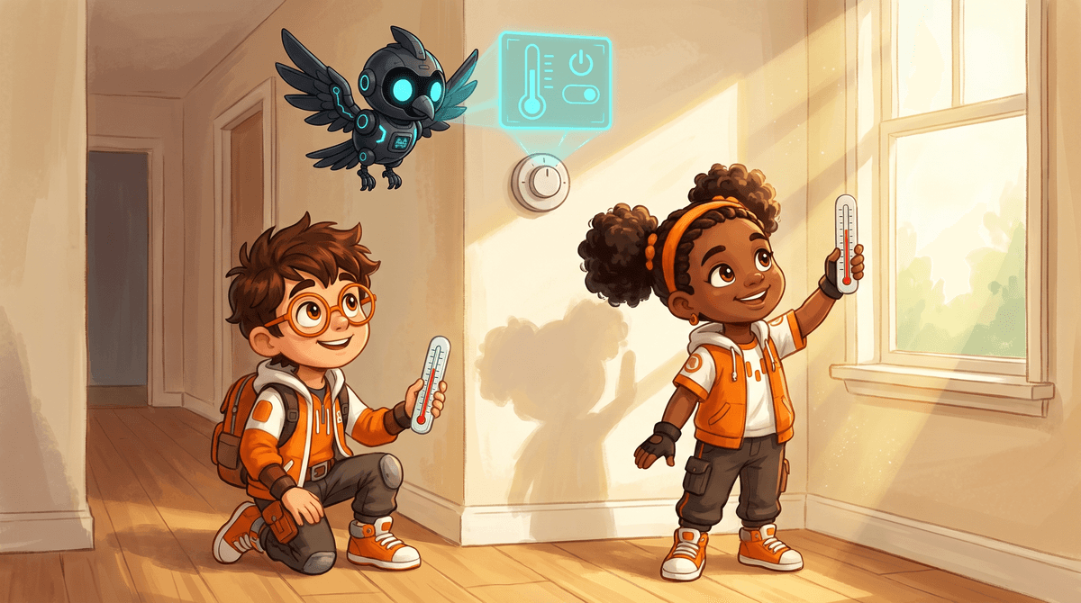 Rocket and Raven look at a thermostat on a wall. Nova hovers beside its glowing number.