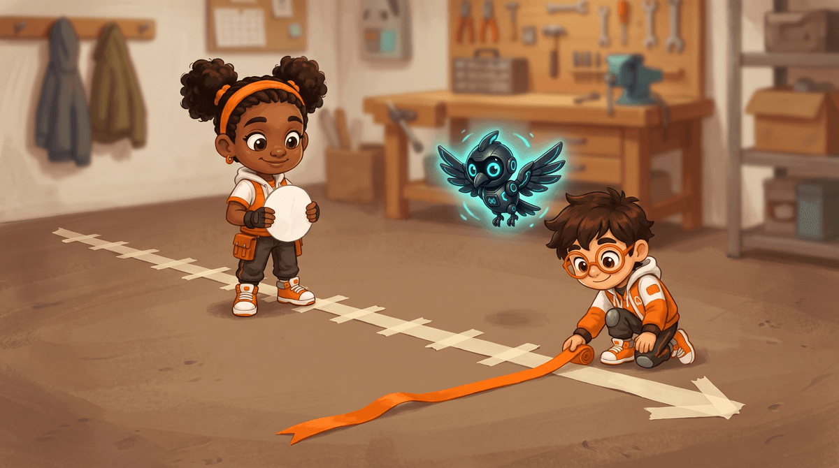 A number line taped on the garage floor, Raven holding a paper circle, Rocket unrolling an orange ribbon arrow, Nova hovering.