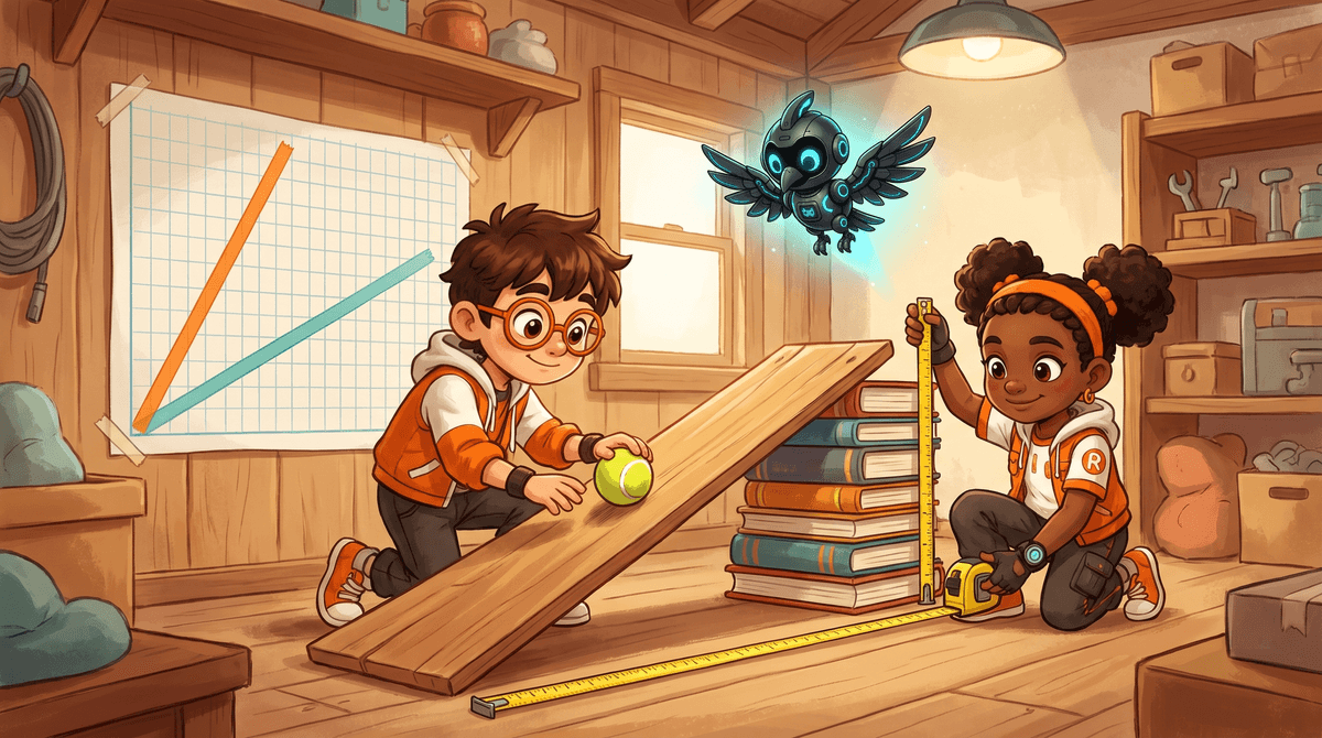 Rocket, Raven and Nova at the Puzzle Post with a board ramp propped on books and tape measures stretched along it.