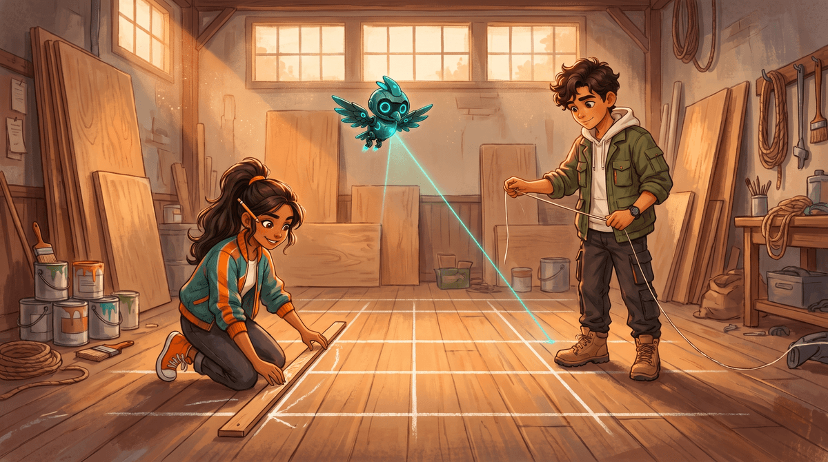 Comet, Wren and Nova chalk a grid on the Scene Shop floor with a straightedge and a string.