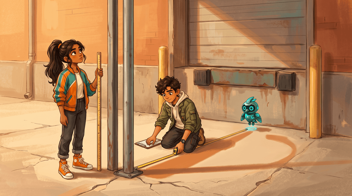Comet, Wren and Nova outside the loading door measuring the pole's long shadow and the meter stick's short shadow.