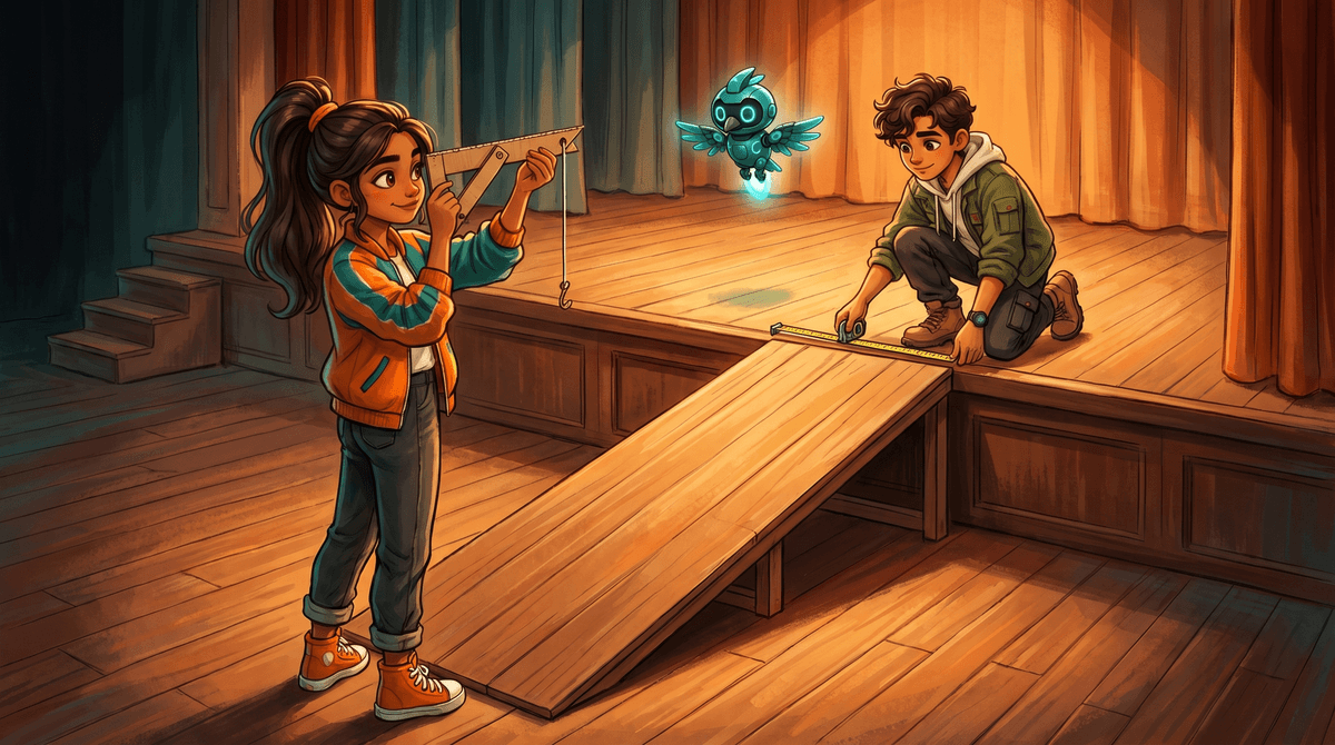 Comet sights along the access ramp with a homemade angle finder while Wren and Nova watch in the Scene Shop.