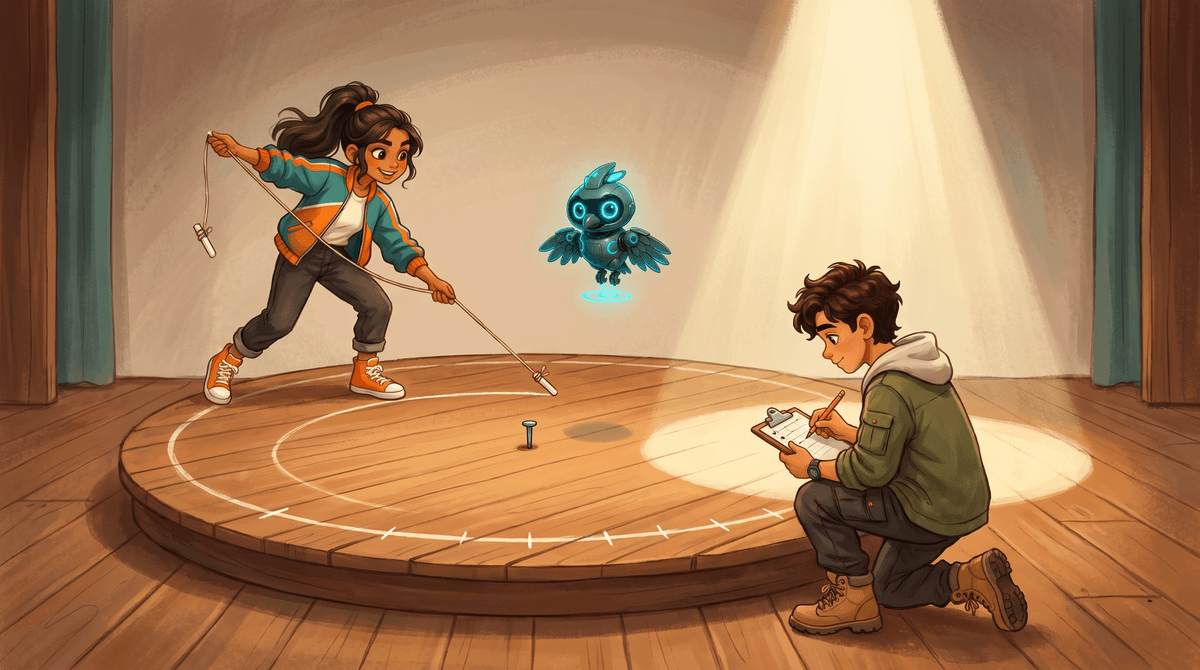 Comet chalks the turntable circle with a string compass under the spotlight while Wren measures and Nova hovers.