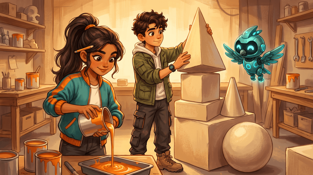 Comet pours paint into a tray while Wren steadies a foam pyramid beside a cone and a sphere, Nova hovering.