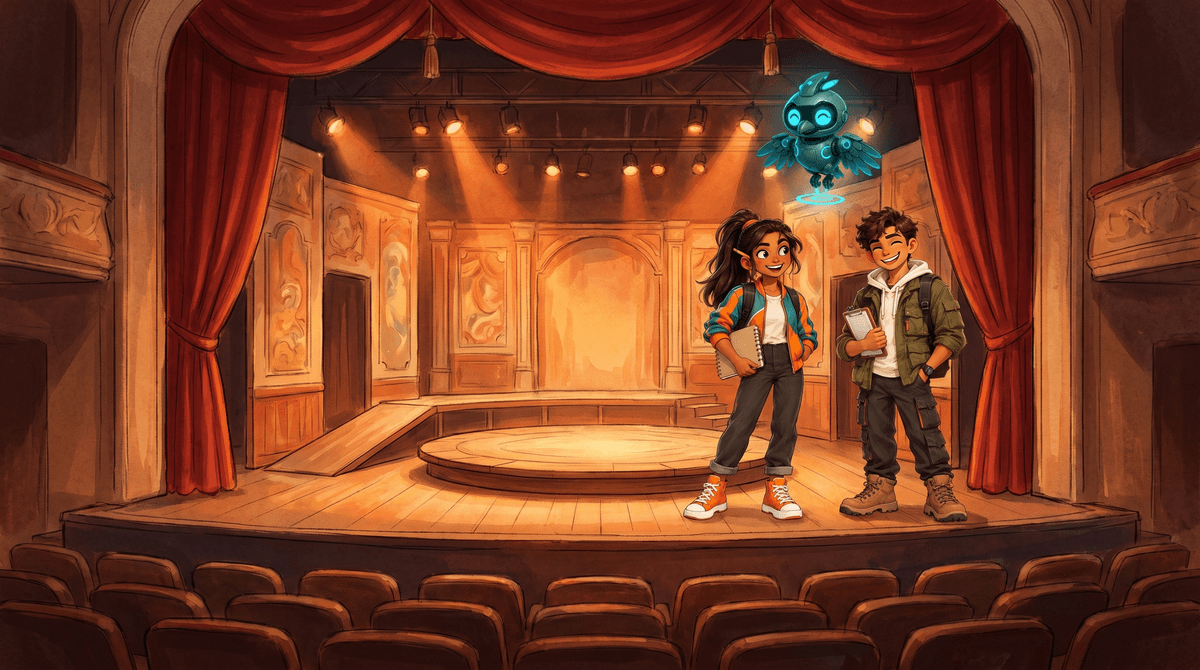 Comet and Wren stand on the finished set under the stage lights with Nova above, the seats empty before Opening Night.