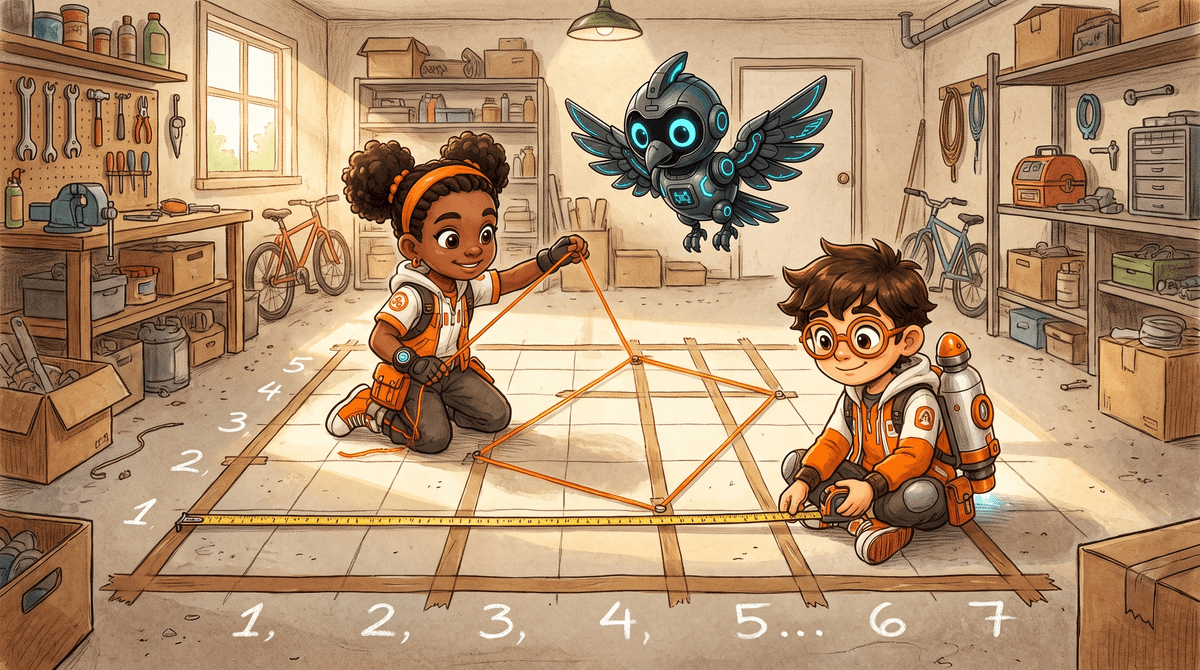 Rocket and Raven stretch string between corners of a taped floor grid in the garage while Nova hovers above.