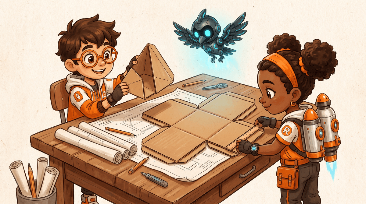 Rocket and Raven lay an unfolded box net and a pyramid net on the Blueprint Table while Nova hovers above.