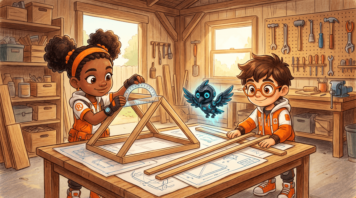 Rocket holds a protractor on a straw roof triangle while Raven lays two parallel sticks crossed by a third, Nova above.