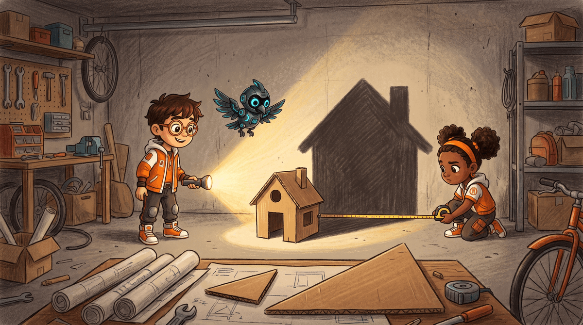 Rocket, Raven and Nova at the Blueprint Table; a flashlight throws a cardboard cutout's shadow, enlarged, onto the garage wall.
