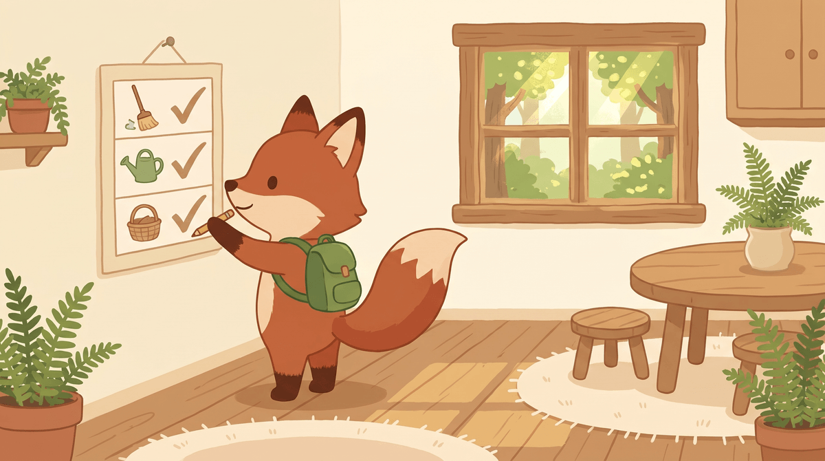 Ferris pins a chore chart to the kitchen wall. It has three rows of pictures and check marks.