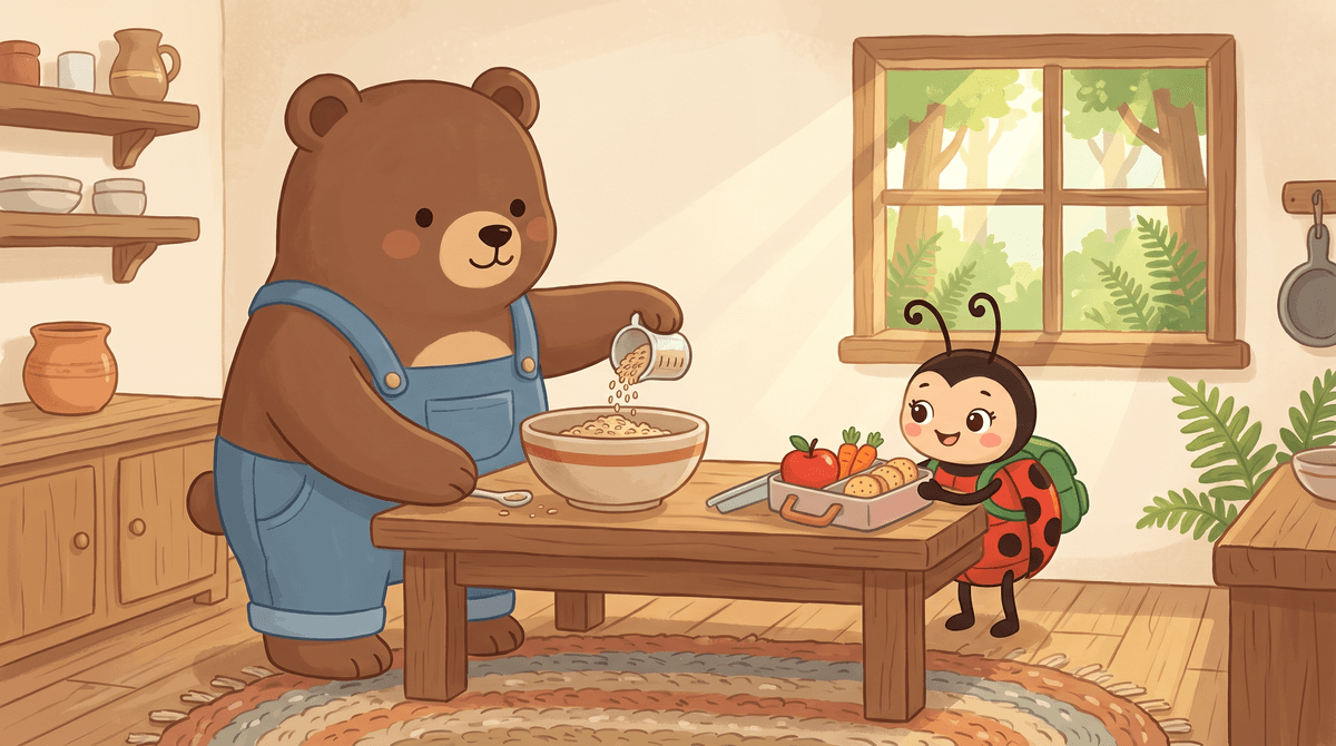 Bennie measures rice into a bowl. Lucy packs a lunch box with an apple, carrots and crackers.