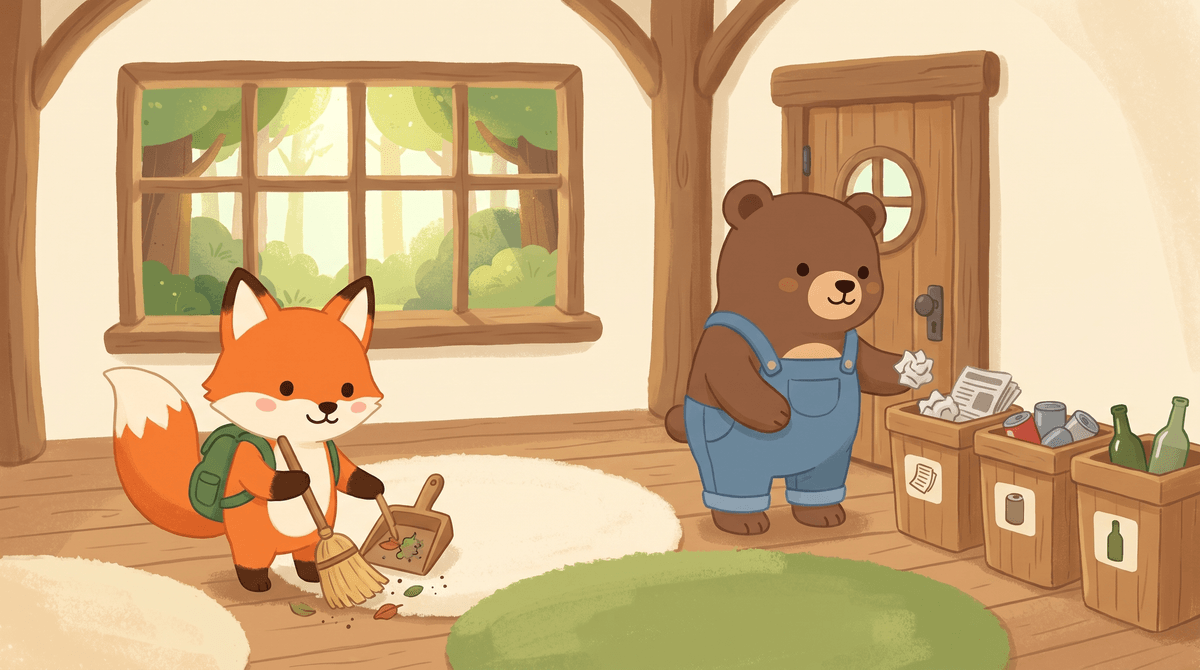 Ferris sweeps into a dustpan while Bennie sorts paper, cans and bottles into recycling bins.