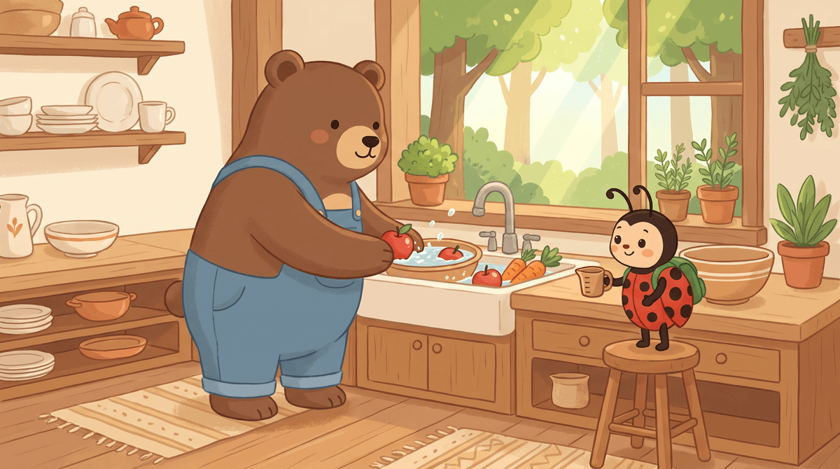 Bennie washes apples and carrots at the sink. Lucy holds a measuring cup.