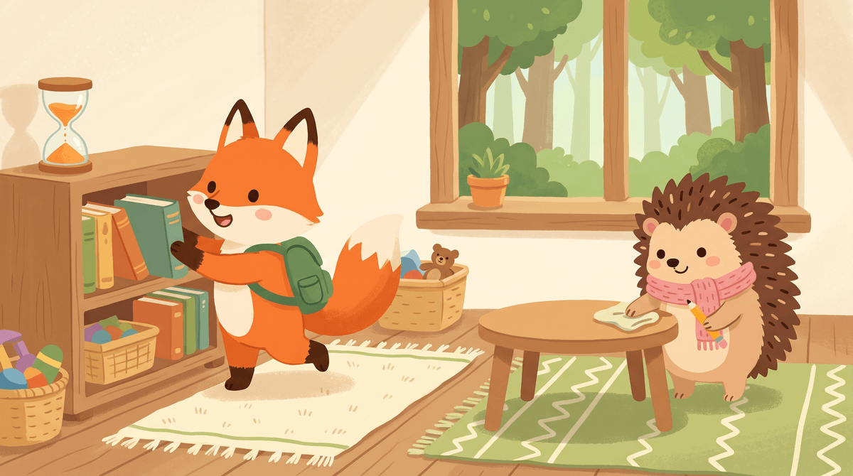 Ferris and Hazel tidy the playroom. A sand timer sits on the shelf.