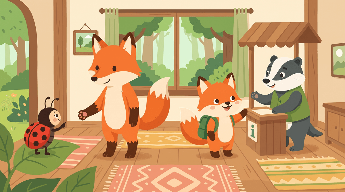 Ferris holds a grown up fox paw. Lucy points to a helper at a stand.