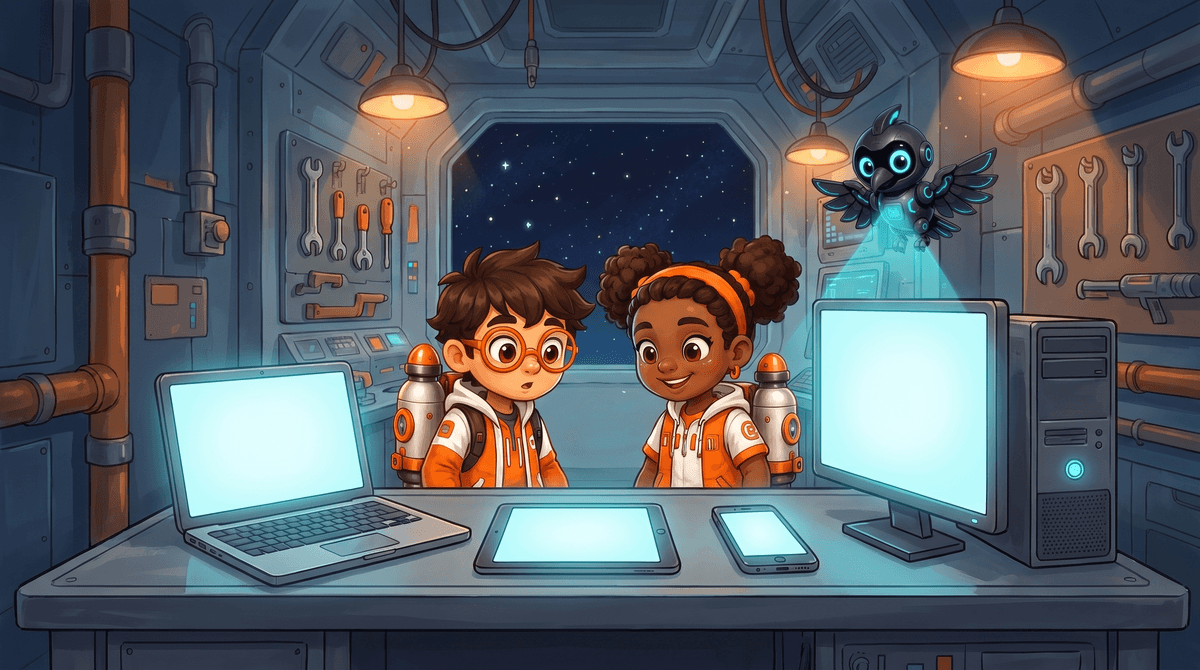 The crew looks at four computers. A laptop, a tablet, a phone and a desktop.
