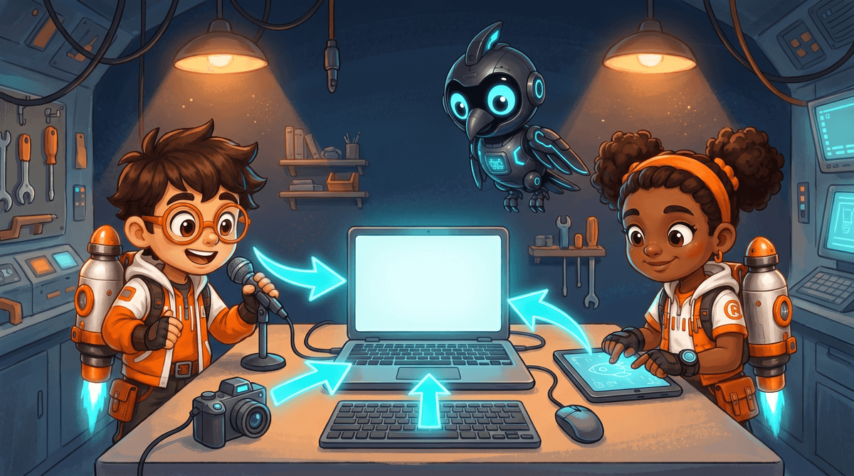 Rocket types on a keyboard. Raven moves a mouse. Arrows flow into the laptop.