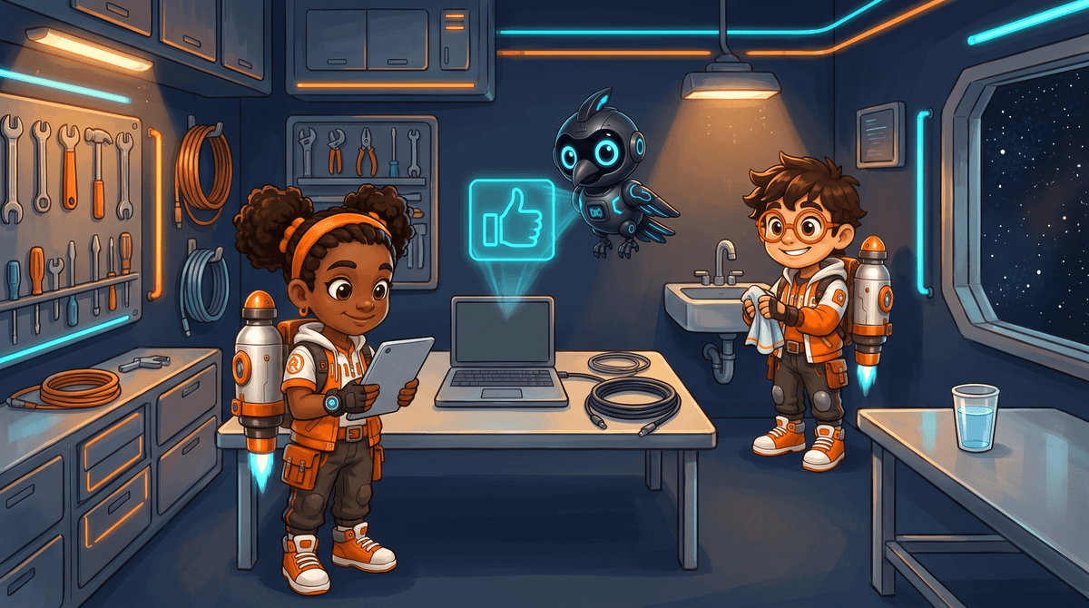 The crew tidies cords and washes hands. Nova guards a password card.