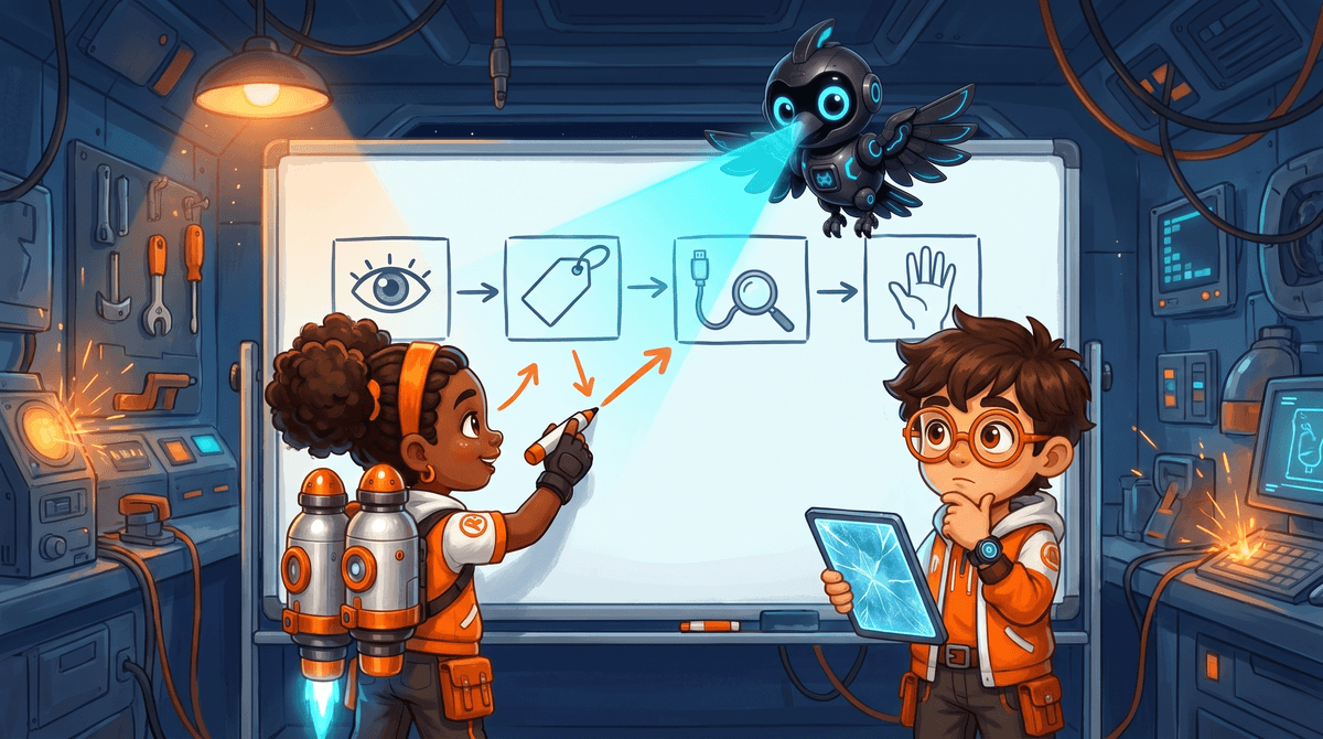 Raven writes down what she noticed. Rocket tests one change on a laptop. Nova holds up one finger.