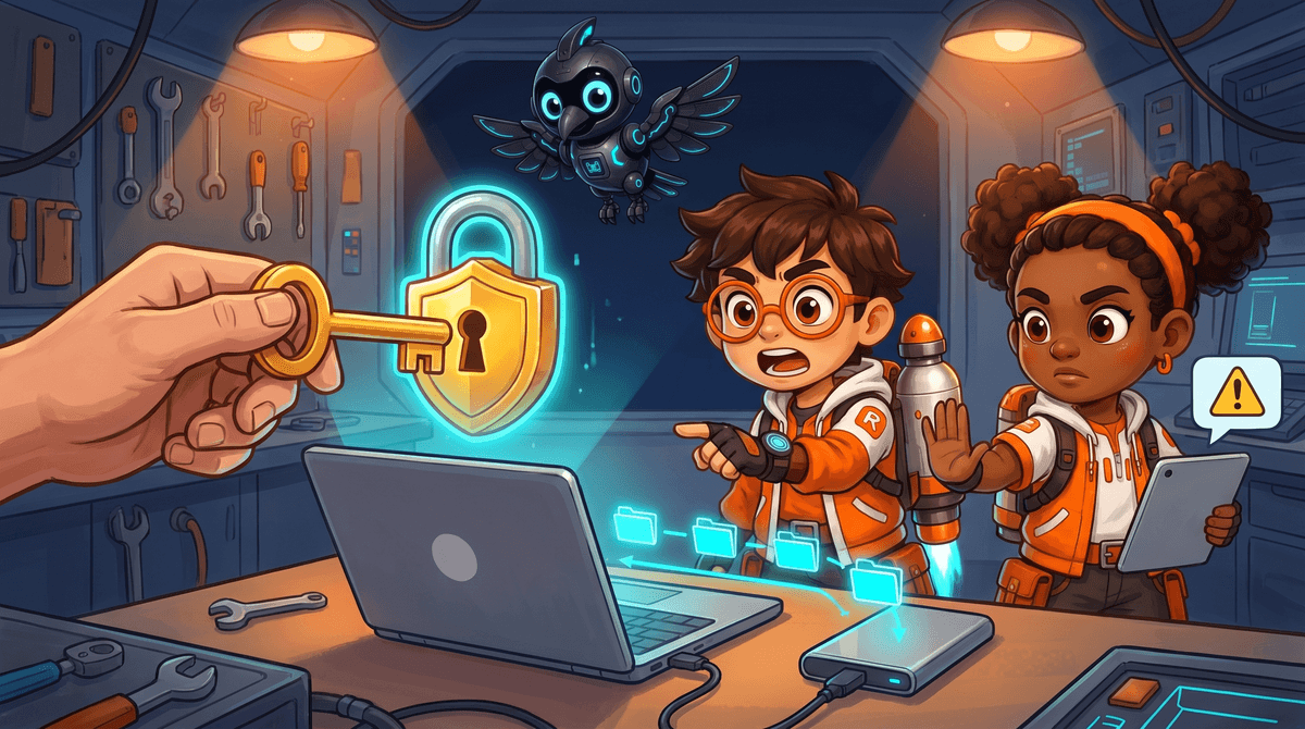 A padlock, a backup copy and a tricky message on a screen. The crew stops, thinks and asks a grown-up.